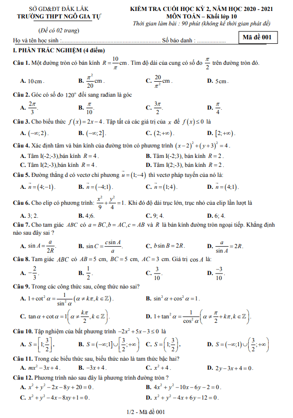 Đề thi cuối học kì 2 (HK2) lớp 10 môn Toán năm 2020 2021 trường THPT Ngô Gia Tự Đắk Lắk