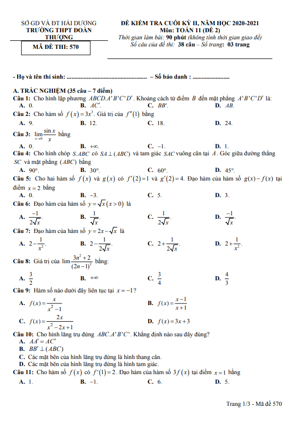 Đề thi cuối học kì 2 (HK2) lớp 11 môn Toán năm 2020 2021 trường Đoàn Thượng Hải Dương