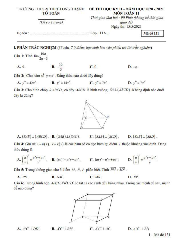 Đề thi cuối học kì 2 (HK2) lớp 11 môn Toán năm 2020 2021 trường Long Thạnh Kiên Giang