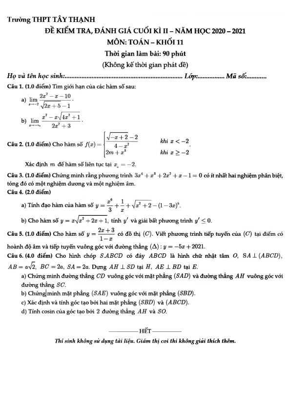 Đề thi cuối học kì 2 (HK2) lớp 11 môn Toán năm 2020 2021 trường THPT Tây Thạnh TP HCM