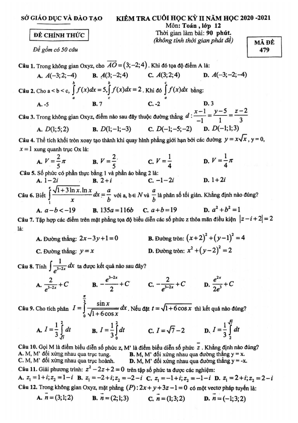 Đề thi cuối học kì 2 (HK2) lớp 12 môn Toán năm 2020 2021 sở GD ĐT Bình Dương