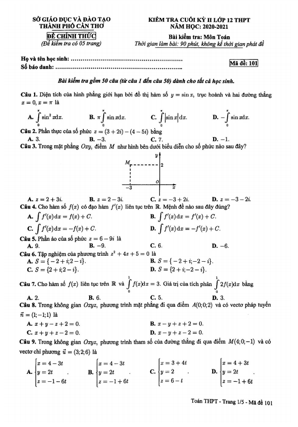 Đề thi cuối học kì 2 (HK2) lớp 12 môn Toán năm 2020 2021 sở GD ĐT thành phố Cần Thơ