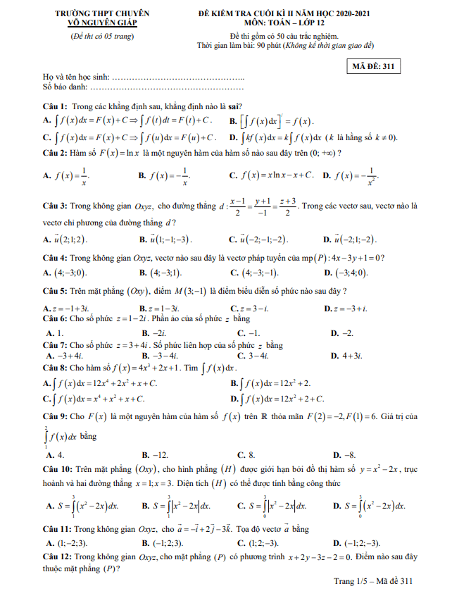 Đề thi cuối học kì 2 (HK2) lớp 12 môn Toán năm 2020 2021 trường chuyên Võ Nguyên Giáp Quảng Bình