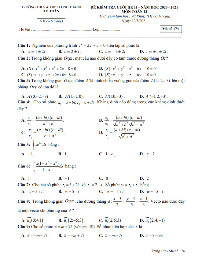 Đề thi cuối học kì 2 (HK2) lớp 12 môn Toán năm 2020 2021 trường Long Thạnh Kiên Giang