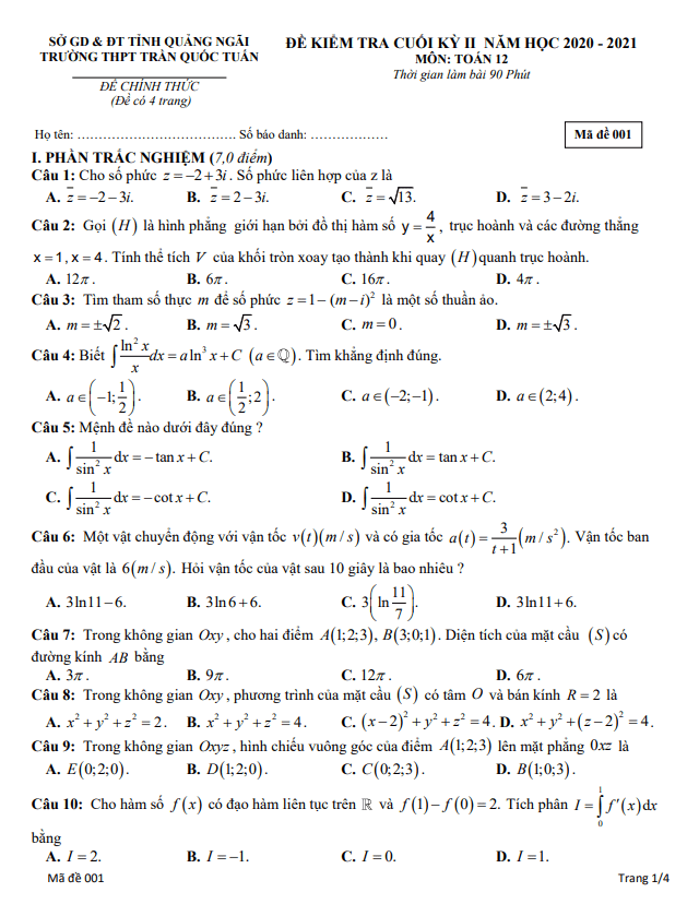 Đề thi cuối học kì 2 (HK2) lớp 12 môn Toán năm 2020 2021 trường Trần Quốc Tuấn Quảng Ngãi