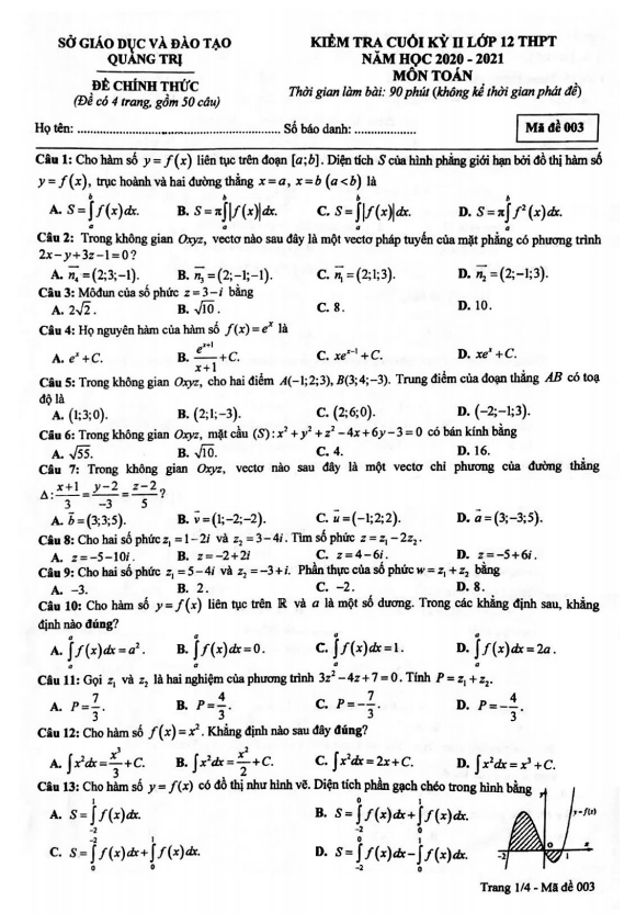 Đề thi cuối học kì 2 (HK2) lớp 12 môn Toán năm học 2020 2021 sở GD ĐT Quảng Trị