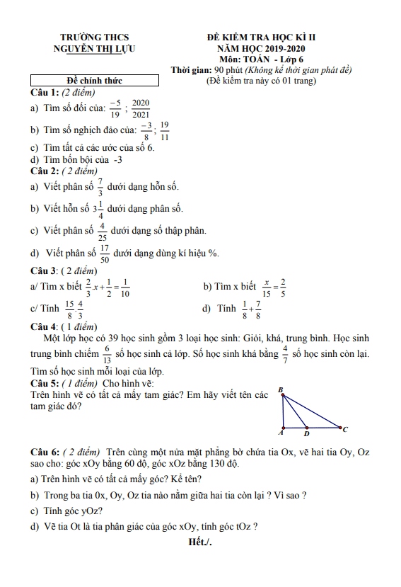 Đề thi cuối học kì 2 (HK2) lớp 6 môn Toán năm 2019 2020 trường THCS Nguyễn Thị Lựu Đồng Tháp