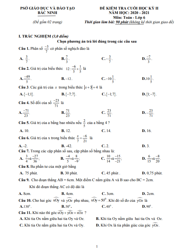 Đề thi cuối học kì 2 (HK2) lớp 6 môn Toán năm 2020 2021 sở GD ĐT Bắc Ninh