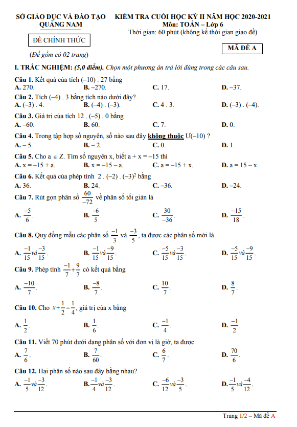 Đề thi cuối học kì 2 (HK2) lớp 6 môn Toán năm 2020 2021 sở GD ĐT Quảng Nam