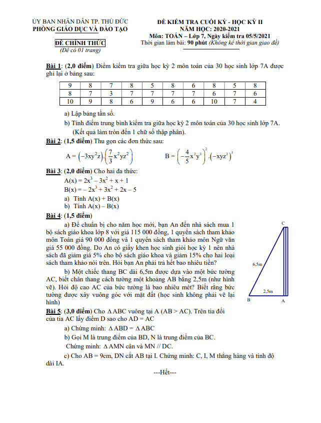 Đề thi cuối học kì 2 (HK2) lớp 7 môn Toán năm 2020 2021 phòng GD ĐT Thủ Đức TP HCM
