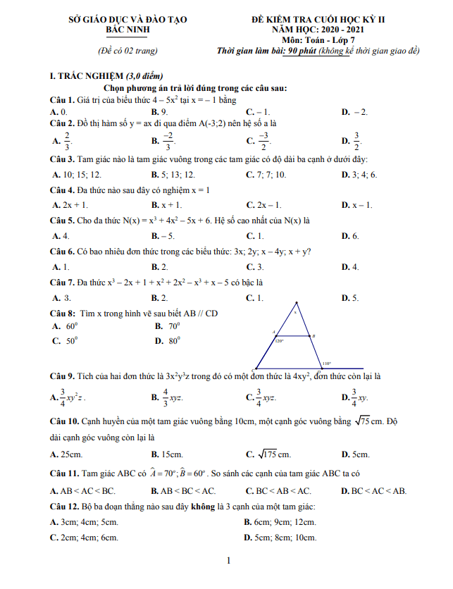 Đề thi cuối học kì 2 (HK2) lớp 7 môn Toán năm 2020 2021 sở GD ĐT Bắc Ninh