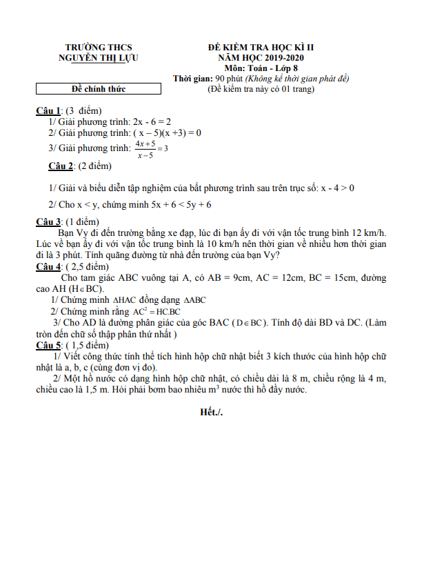 Đề thi cuối học kì 2 (HK2) lớp 8 môn Toán năm 2019 2020 trường THCS Nguyễn Thị Lựu Đồng Tháp
