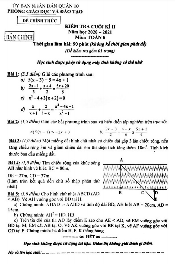 Đề thi cuối học kì 2 (HK2) lớp 8 môn Toán năm 2020 2021 phòng GD ĐT quận 10 TP HCM