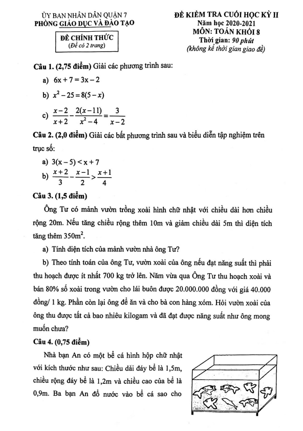 Đề thi cuối học kì 2 (HK2) lớp 8 môn Toán năm 2020 2021 phòng GD ĐT quận 7 TP HCM