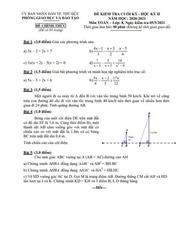 Đề thi cuối học kì 2 (HK2) lớp 8 môn Toán năm 2020 2021 phòng GD ĐT Thủ Đức TP HCM