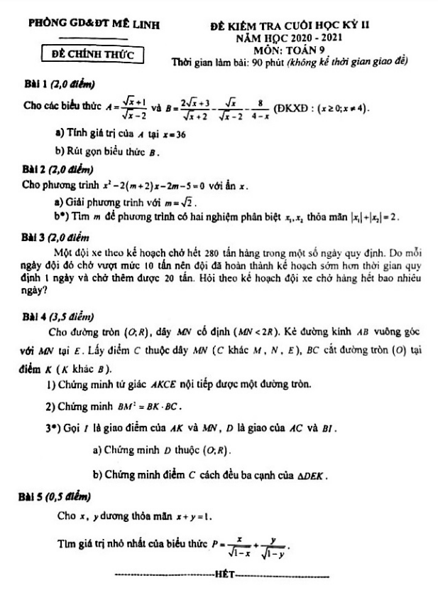 Đề thi cuối học kì 2 (HK2) lớp 9 môn Toán năm 2020 2021 phòng GD ĐT Mê Linh Hà Nội