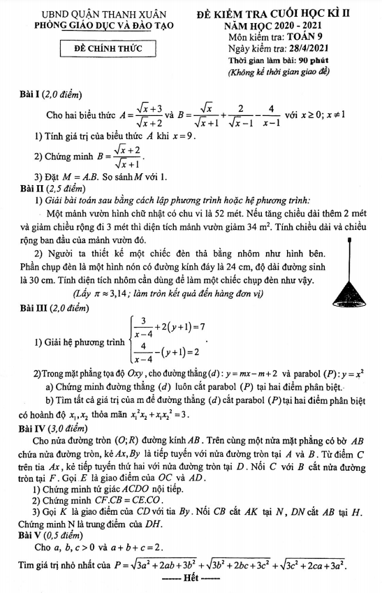 Đề thi cuối học kì 2 (HK2) lớp 9 môn Toán năm 2020 2021 phòng GD ĐT Thanh Xuân Hà Nội
