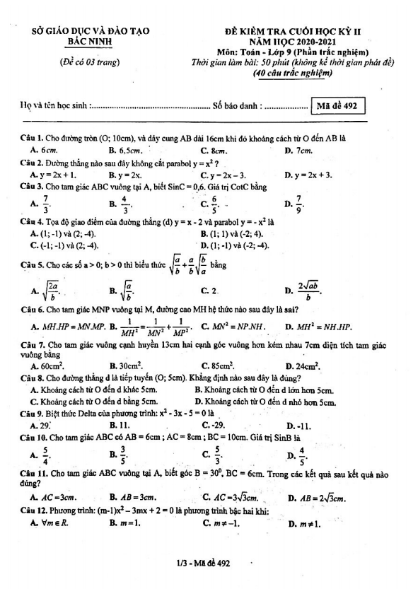 Đề thi cuối học kì 2 (HK2) lớp 9 môn Toán năm 2020 2021 sở GD ĐT Bắc Ninh