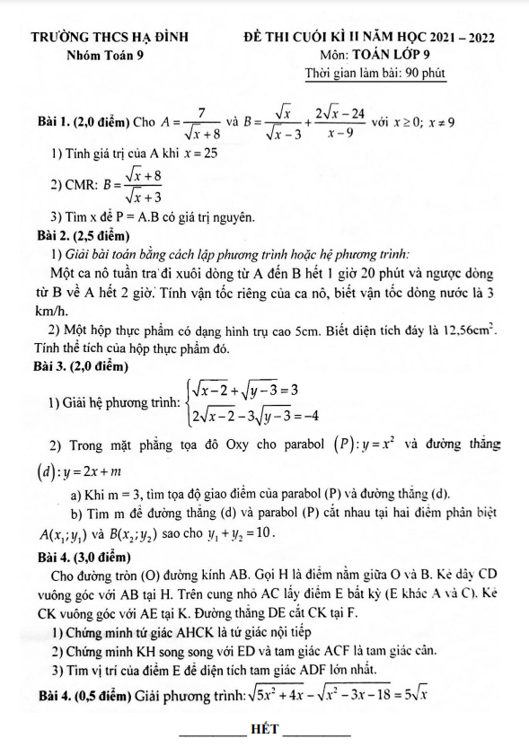 Đề thi cuối học kì 2 (HK2) lớp 9 môn Toán năm 2021 2022 trường THCS Hạ Đình Hà Nội