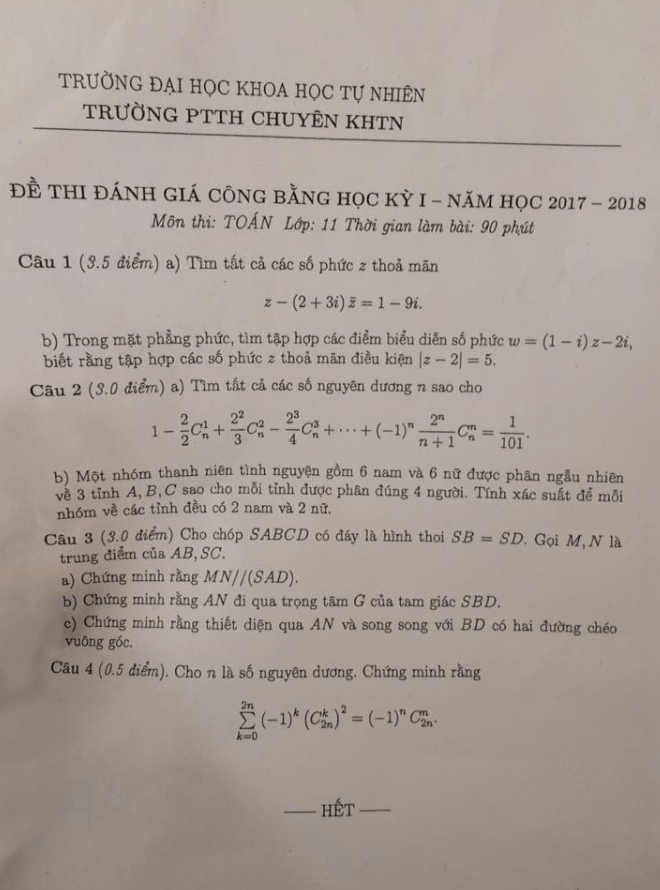 Đề thi đánh giá công bằng học kỳ I năm học 2017 2018 lớp 11 môn Toán trường THPT chuyên KHTN Hà Nội