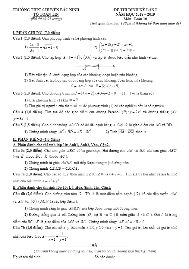 Đề thi định kỳ lớp 10 môn Toán năm học 2018 2019 trường THPT chuyên Bắc Ninh lần 1