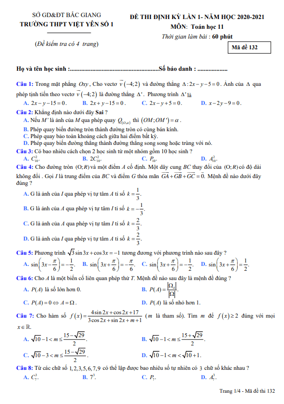 Đề thi định kỳ lớp 11 môn Toán lần 1 năm 2020 2021 trường Việt Yên 1 Bắc Giang