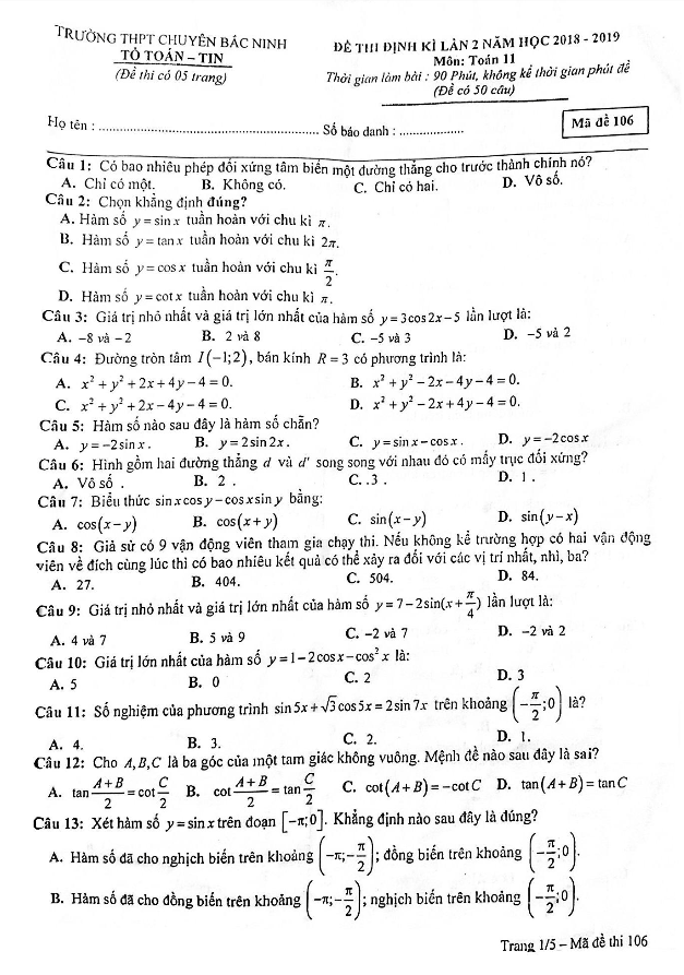 Đề thi định kỳ lớp 11 môn Toán năm 2018 2019 trường THPT chuyên Bắc Ninh lần 2