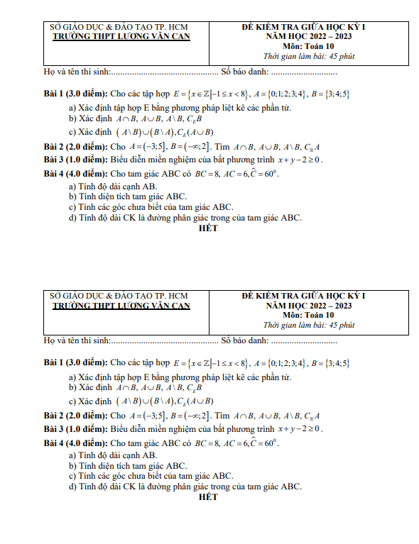 Đề thi giữa HKI lớp 10 môn Toán năm 2022 2023 trường THPT Lương Văn Can TP HCM