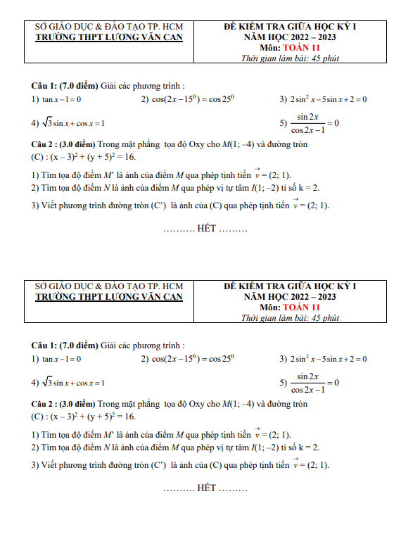 Đề thi giữa HKI lớp 11 môn Toán năm 2022 2023 trường THPT Lương Văn Can TP HCM