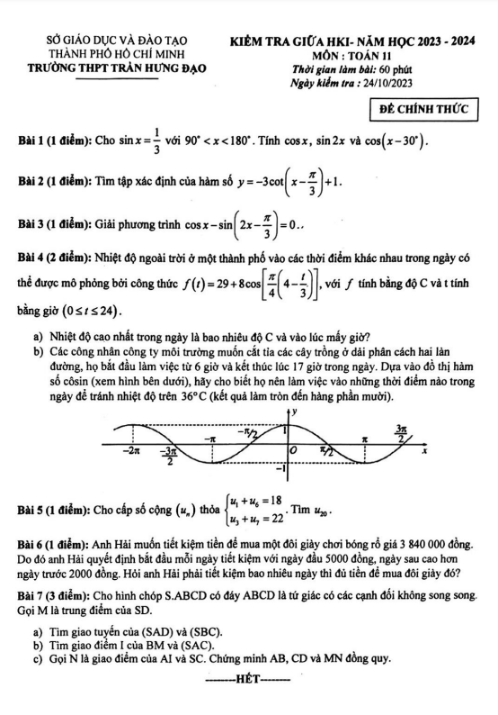 Đề thi giữa HKI lớp 11 môn Toán năm 2023 2024 trường THPT Trần Hưng Đạo TP HCM