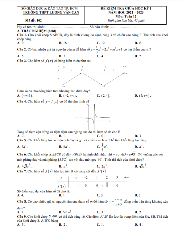 Đề thi giữa HKI lớp 12 môn Toán năm 2022 2023 trường THPT Lương Văn Can TP HCM