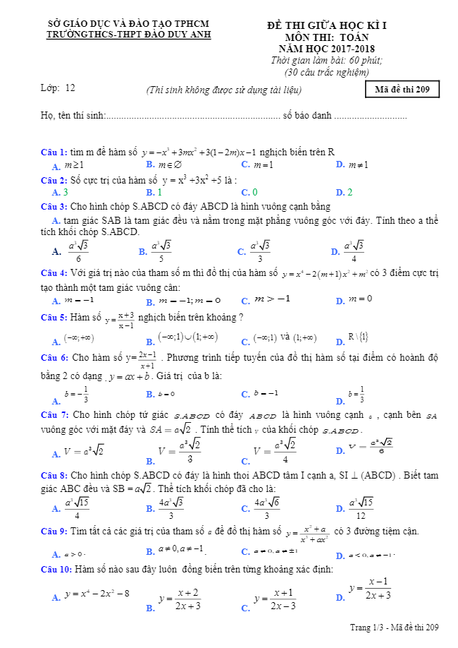 Đề thi giữa HKI lớp 12 môn Toán năm học 2017 2018 trường THCS THPT Đào Duy Anh TP. HCM