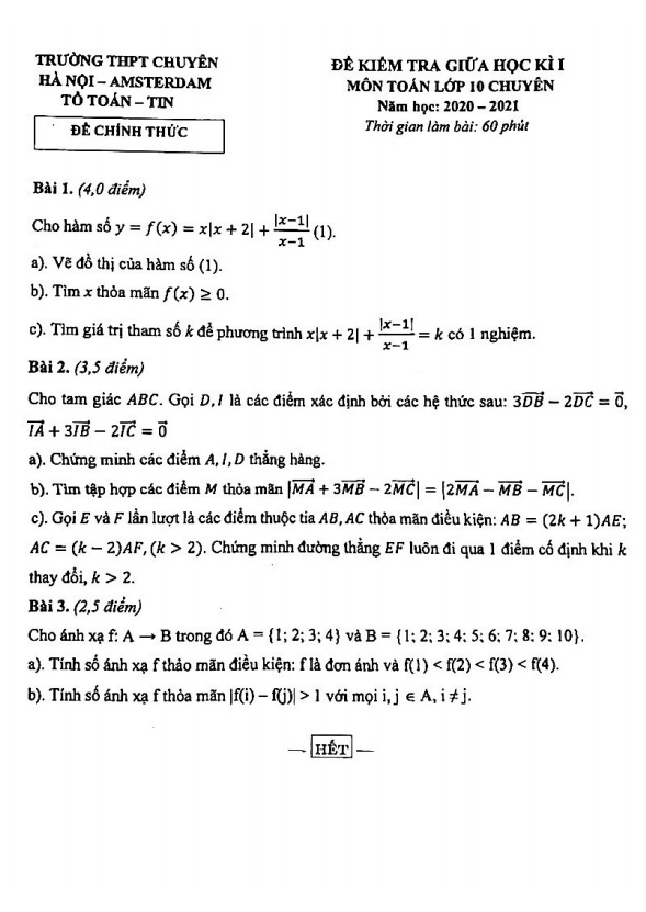 Đề thi giữa học kì 1 (HK1) lớp 10 môn Toán chuyên năm 2020 2021 trường chuyên Hà Nội Amsterdam