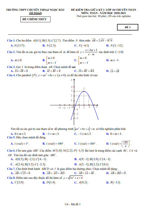 Đề thi giữa học kì 1 (HK1) lớp 10 môn Toán chuyên năm 2020 2021 trường chuyên Thoại Ngọc Hầu An Giang