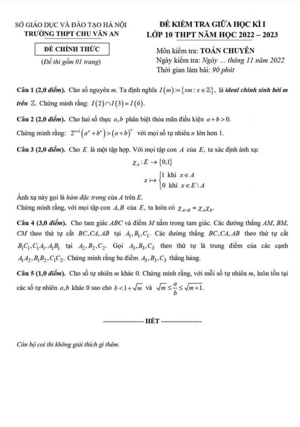 Đề thi giữa học kì 1 (HK1) lớp 10 môn Toán chuyên năm 2022 2023 trường THPT Chu Văn An Hà Nội