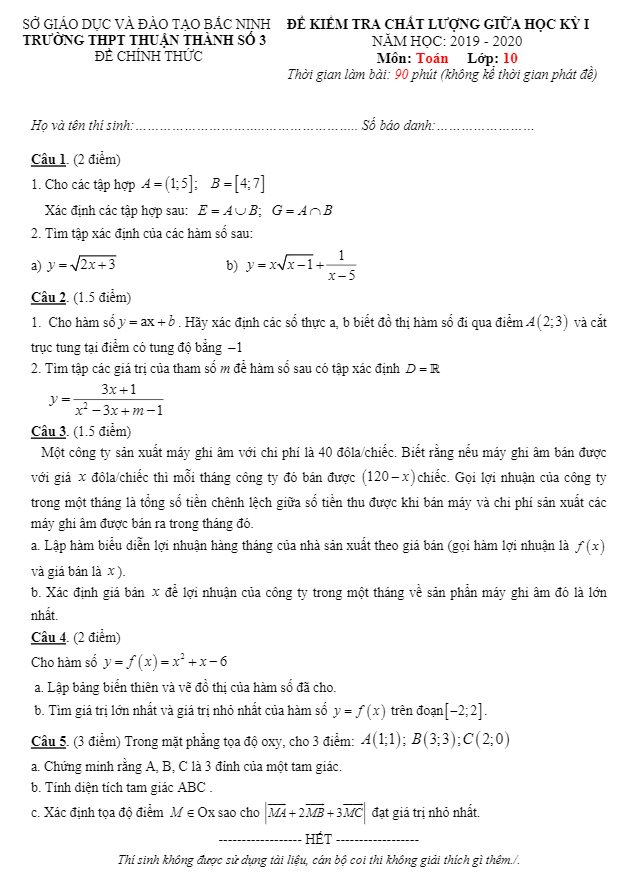 Đề thi giữa học kì 1 (HK1) lớp 10 môn Toán năm 2019 2020 trường Thuận Thành 3 Bắc Ninh