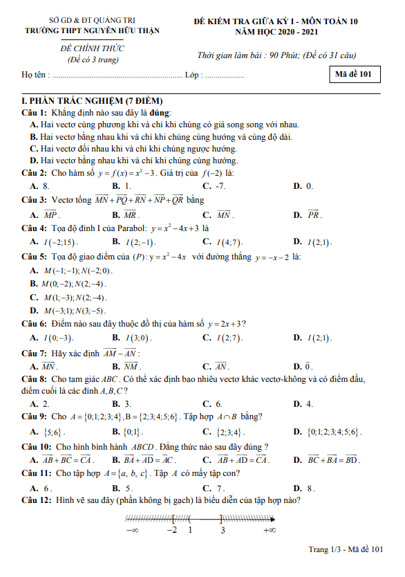 Đề thi giữa học kì 1 (HK1) lớp 10 môn Toán năm 2020 2021 trường Nguyễn Hữu Thận Quảng Trị