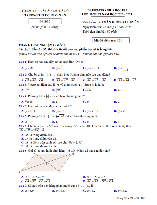 Đề thi giữa học kì 1 (HK1) lớp 10 môn Toán năm 2020 2021 trường THPT Chu Văn An Hà Nội