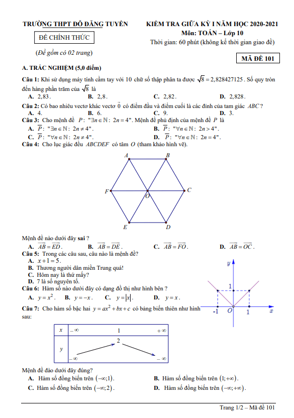 Đề thi giữa học kì 1 (HK1) lớp 10 môn Toán năm 2020 2021 trường THPT Đỗ Đăng Tuyển Quảng Nam