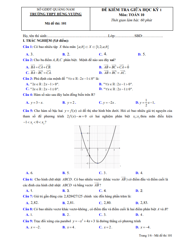 Đề thi giữa học kì 1 (HK1) lớp 10 môn Toán năm 2020 2021 trường THPT Hùng Vương Quảng Nam