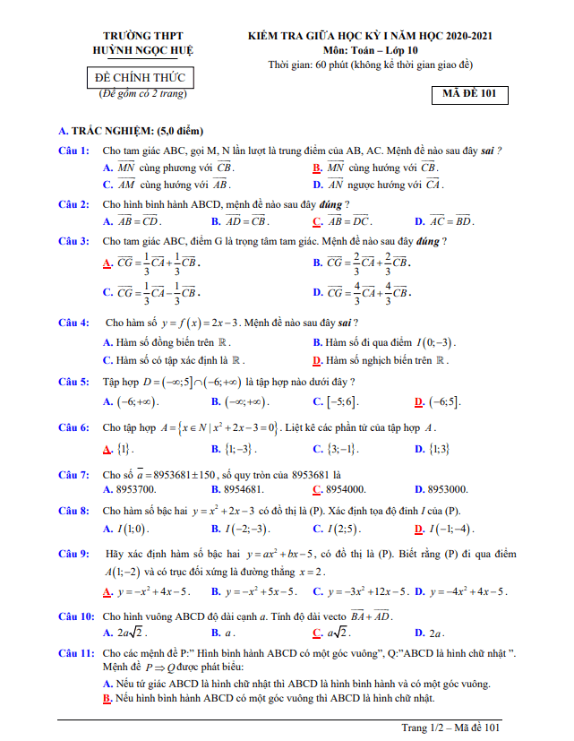 Đề thi giữa học kì 1 (HK1) lớp 10 môn Toán năm 2020 2021 trường THPT Huỳnh Ngọc Huệ Quảng Nam