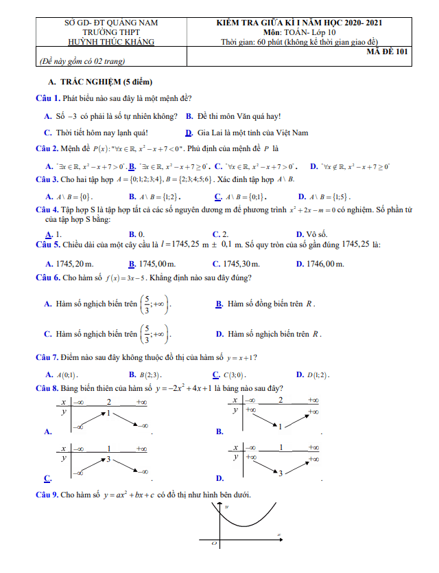 Đề thi giữa học kì 1 (HK1) lớp 10 môn Toán năm 2020 2021 trường THPT Huỳnh Thúc Kháng Quảng Nam