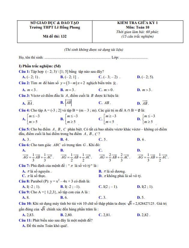 Đề thi giữa học kì 1 (HK1) lớp 10 môn Toán năm 2020 2021 trường THPT Lê Hồng Phong Quảng Nam