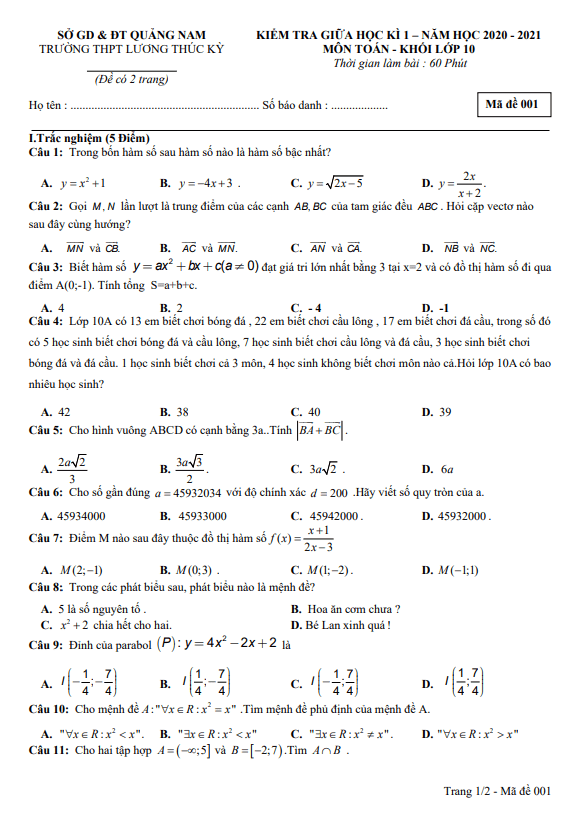 Đề thi giữa học kì 1 (HK1) lớp 10 môn Toán năm 2020 2021 trường THPT Lương Thúc Kỳ Quảng Nam
