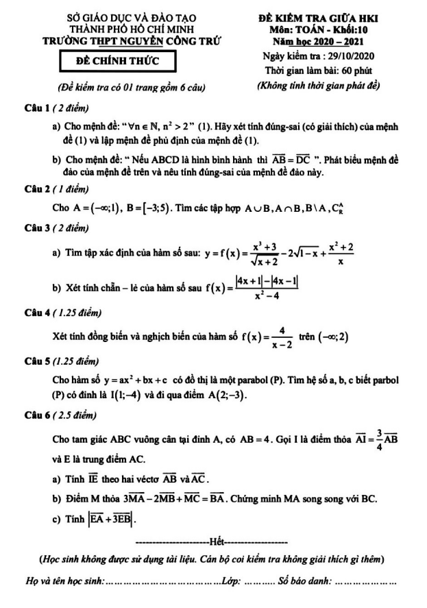Đề thi giữa học kì 1 (HK1) lớp 10 môn Toán năm 2020 2021 trường THPT Nguyễn Công Trứ TP HCM