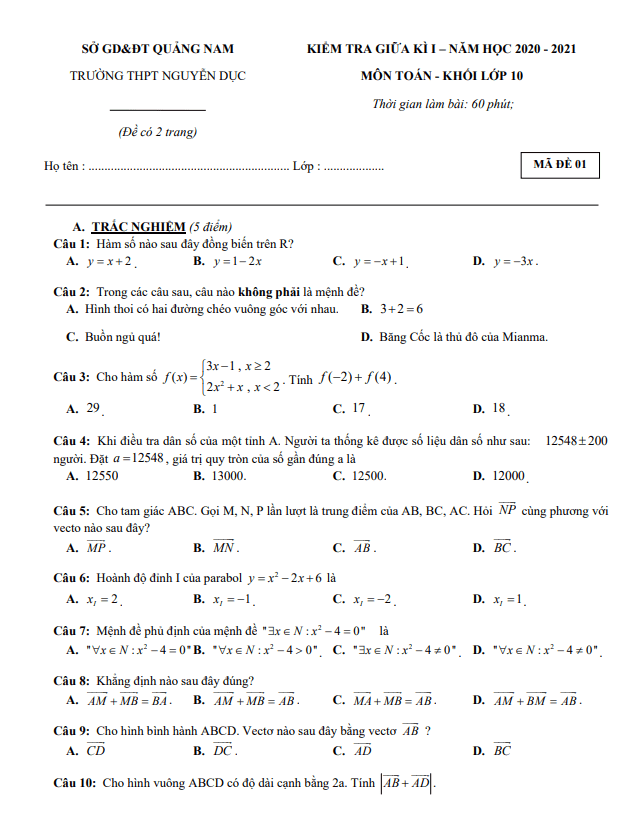 Đề thi giữa học kì 1 (HK1) lớp 10 môn Toán năm 2020 2021 trường THPT Nguyễn Dục Quảng Nam