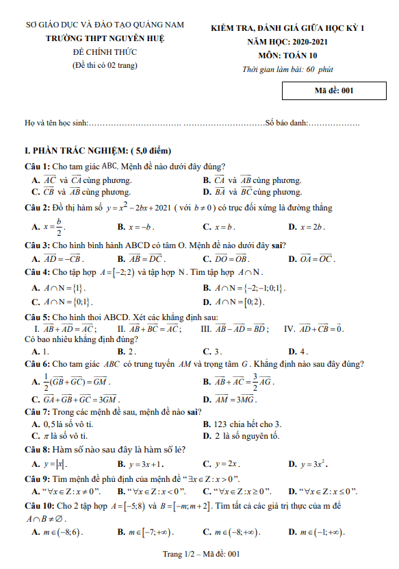 Đề thi giữa học kì 1 (HK1) lớp 10 môn Toán năm 2020 2021 trường THPT Nguyễn Huệ Quảng Nam