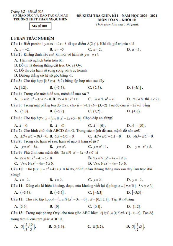 Đề thi giữa học kì 1 (HK1) lớp 10 môn Toán năm 2020 2021 trường THPT Phan Ngọc Hiển Cà Mau