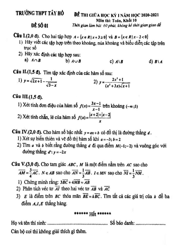 Đề thi giữa học kì 1 (HK1) lớp 10 môn Toán năm 2020 2021 trường THPT Tây Hồ Hà Nội