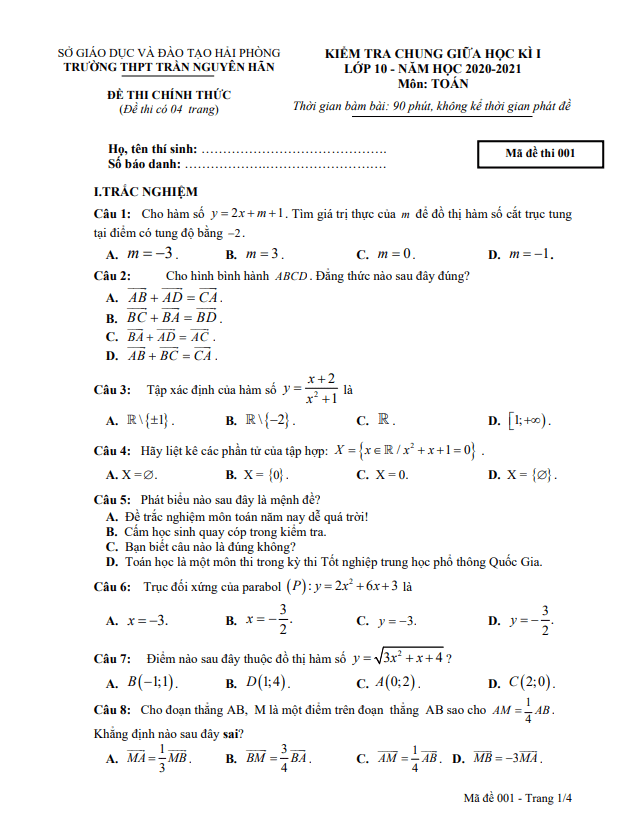Đề thi giữa học kì 1 (HK1) lớp 10 môn Toán năm 2020 2021 trường THPT Trần Nguyên Hãn Hải Phòng